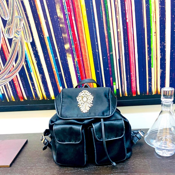 Badgley Mischka Large Jeweled Backpack Nylon & Leather - Picture 4 of 12